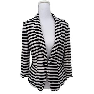 White House Black Market Knit Blazer Womens 10 Black White Striped Peplum Jacket